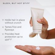 sleek, but not stiff
holds hair in place without crunch
tames frizz and flyaways
protects hair against heat