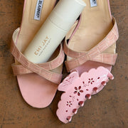 Big Effing Clip in Rose Fleur Eyelet and aura mist in angel wings on blahnik shoes