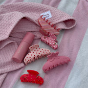 Heavenly Hair Towel in Lychee Baby with aura hair + body mist in lychee baby and assorted hair clips