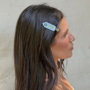 model wearing Popstar Clips in Blue Mist Eyelet in hair