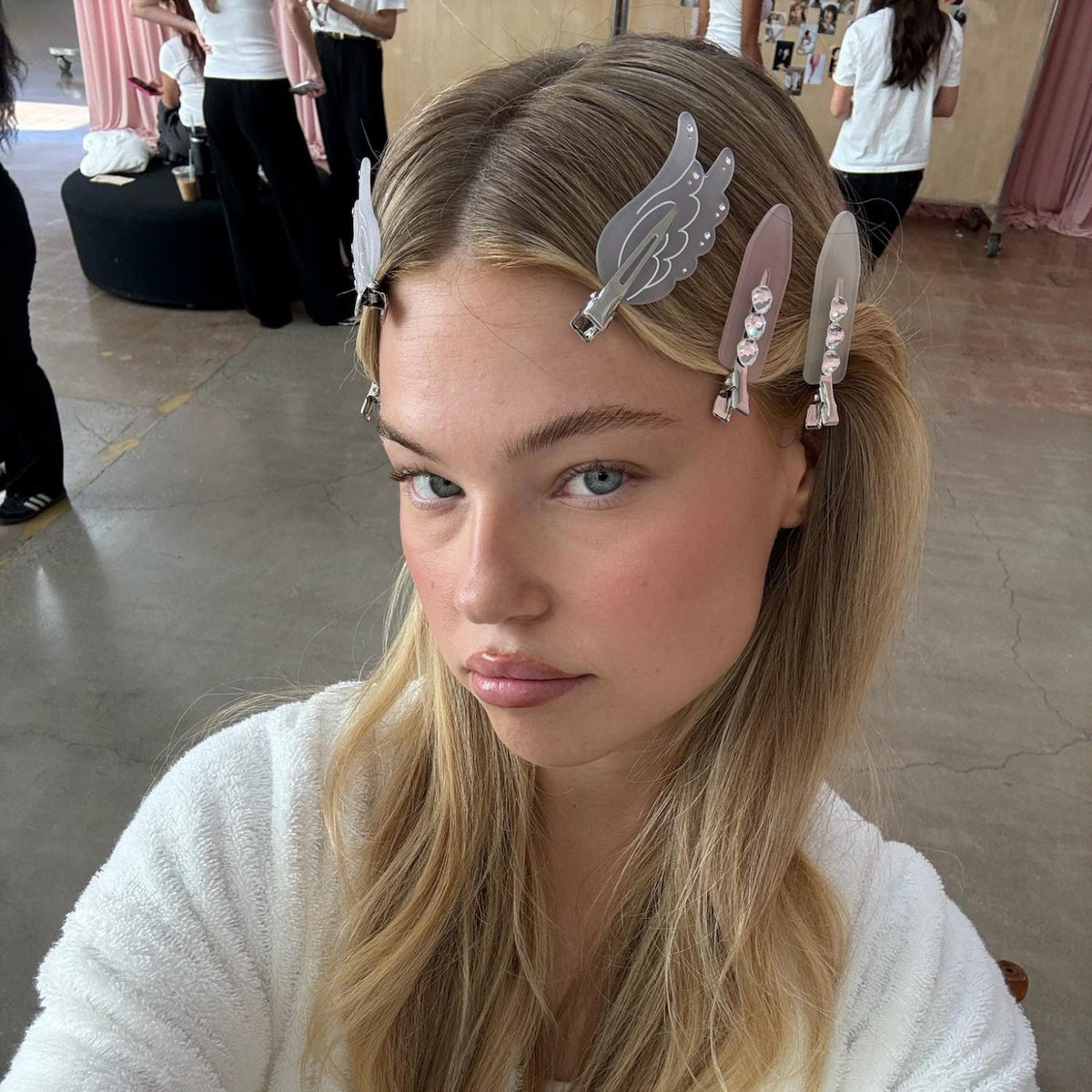 model wearing assorted emi jay popstar clips in hair