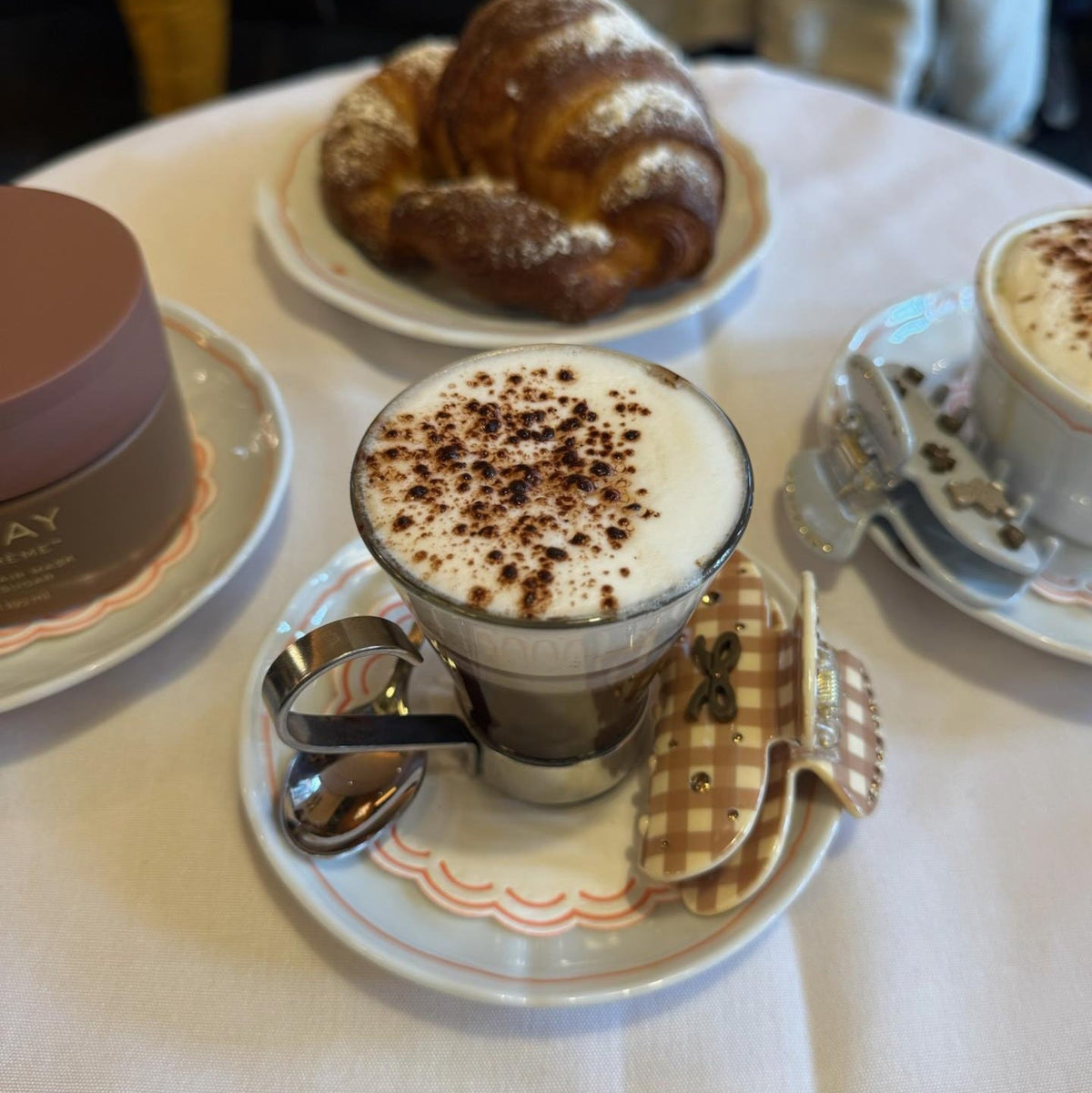 Sweetheart Clip in Mocha Kiss Gingham with coffee and pastry
